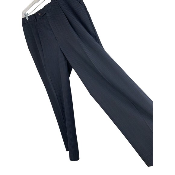VTG Mens Black Striped Wool Blend Pleated Trousers Size 36 X 29.5 Italy RD10173